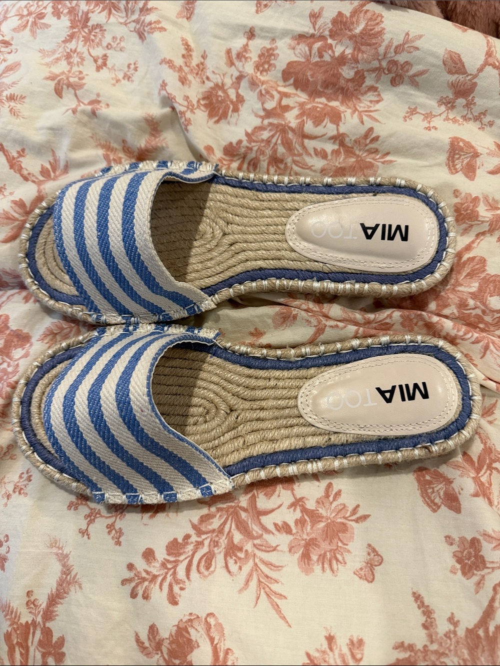 MIA Blue and White Striped Slide Espadrilles